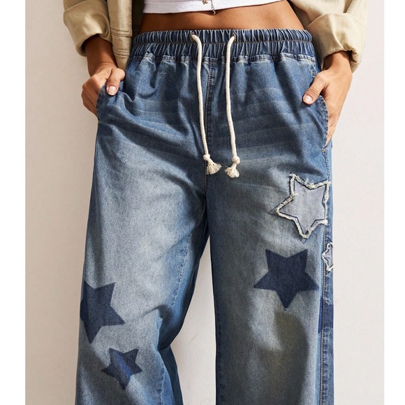 Western Star Print Patch Stretchy Waist Wide leg Denim Jean Pants - Picture 4 of 9